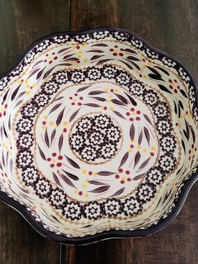 Temptations Hand-Painted Ceramic Serving Bowl in Cream, Purple, Yellow and Red